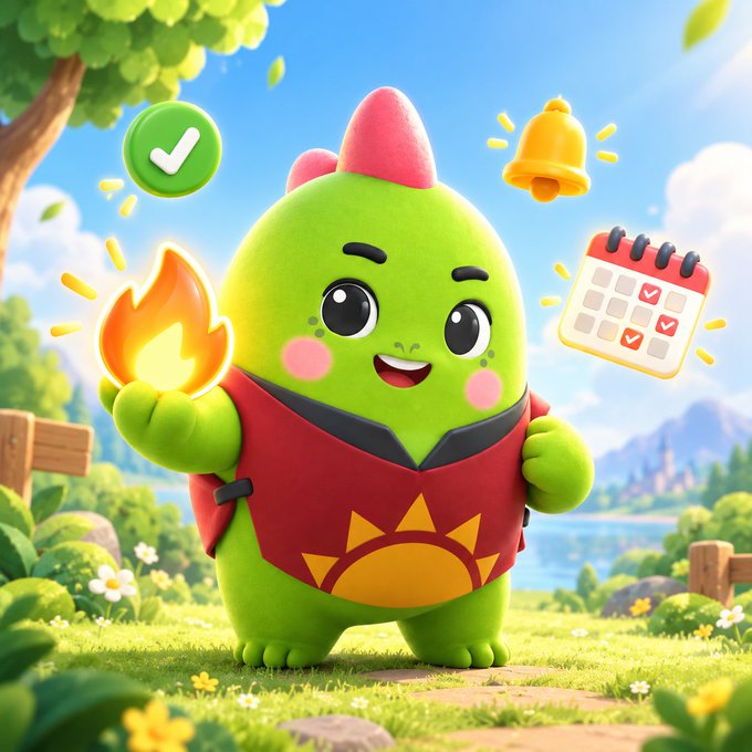 A cute green cartoon monster character holding a flame, with floating icons including a green checkmark, yellow bell, and a calendar, set in a colorful outdoor scene.