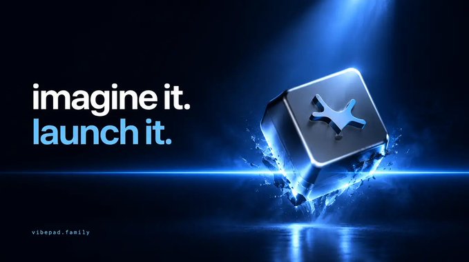 A promotional graphic for vibepad.family with the tagline 'imagine it. launch it.' next to a glowing 3D metallic cube bearing an X-shaped logo.