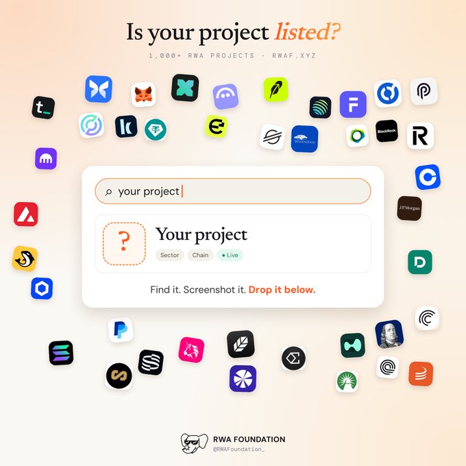 An advertisement for 'RWAF.XYZ' asks 'Is your project listed?' surrounded by various tech and crypto app icons, with a search bar prompting users to drop in their project.