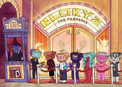 Artwork for the Pudgy Penguins NFT collection, depicting various colorful penguin characters standing in front of a building labeled 'BLOKYZ the Premier'.
