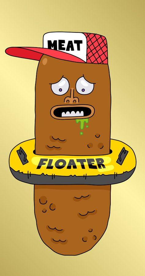 A cartoon illustration of a turd wearing a red and white 'MEAT' cap and a yellow 'FLOATER' inner tube, looking distressed with green drool coming from its mouth.