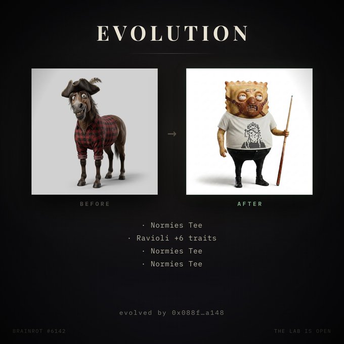 An 'EVOLUTION' graphic showing a 'BEFORE' image of a horse wearing a hat and flannel shirt transforming into an 'AFTER' image of a figure with a ravioli head wearing a 'Normies Tee', with text indicating 'Ravioli +6 traits' and 'evolved by 0x088f...a148'.