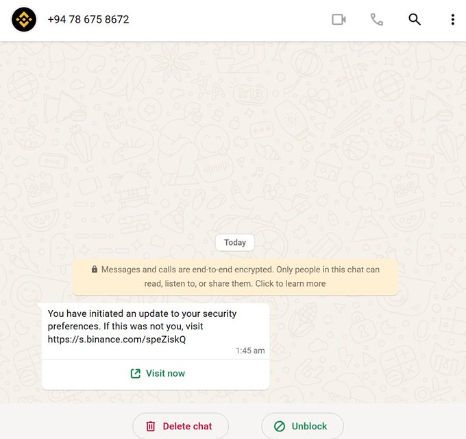 A WhatsApp chat screenshot from +94 78 675 8672 displays a suspicious security update message with a Binance link (https://s.binance.com/speZiskQ), likely a phishing attempt.