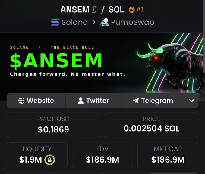 The image shows the $ANSEM token's PumpSwap page on Solana, displaying a current price of $0.1869, a market cap of $186.9M, and $1.9M locked liquidity, with the slogan "Charges forward. No matter what." This visually supports the post's cautionary message by illustrating how buyers who entered $ANSEM at a $350M market cap during the airdrop hype are now sitting on significant losses as the price has nearly halved to $186.9M.