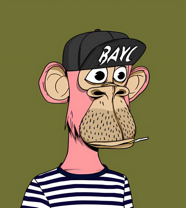 A cartoon illustration of a Bored Ape Yacht Club (BAYC) NFT character wearing a black cap with "BAYC" text, a striped shirt, and smoking a cigarette against an olive green background.