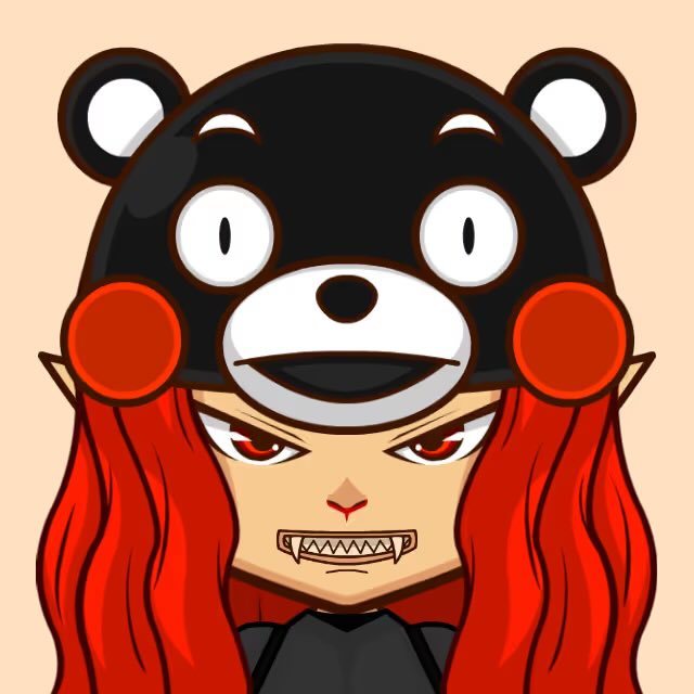 An anime-style illustration of a character with long red hair, red cheeks, fangs, and a black bear hat (Kumamon-style) on their head.