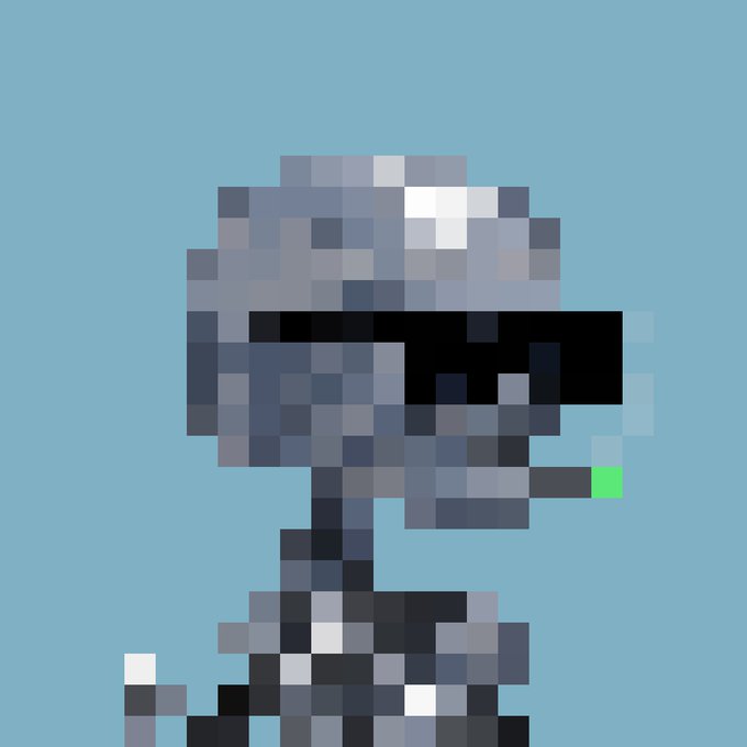 A pixel art image of a grey Dalek-like character from Doctor Who with a black eyestalk and green-tipped weapon appendage against a blue background.