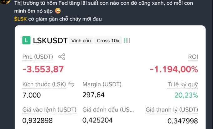 A Vietnamese-language trading post complaining about Fed rate hikes affecting crypto, showing a losing LSK/USDT perpetual futures position with a -3,553.87 USDT PnL (-1,194.00% ROI) on 7,000 LSK at a 20.23% margin ratio.