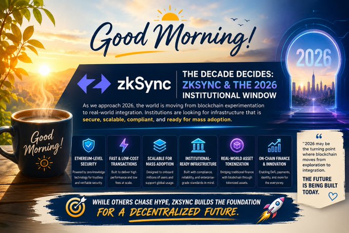 The image features a poster with a coffee cup and a city skyline at sunset as its background. The poster includes text that reads "Good Morning!" and "2026" along with an explanation of the crypto industry's challenges, stating that they have spent years proving that blockchain technology works on an institutional scale. They aim to prove it can operate at this level using zero-knowledge technology.