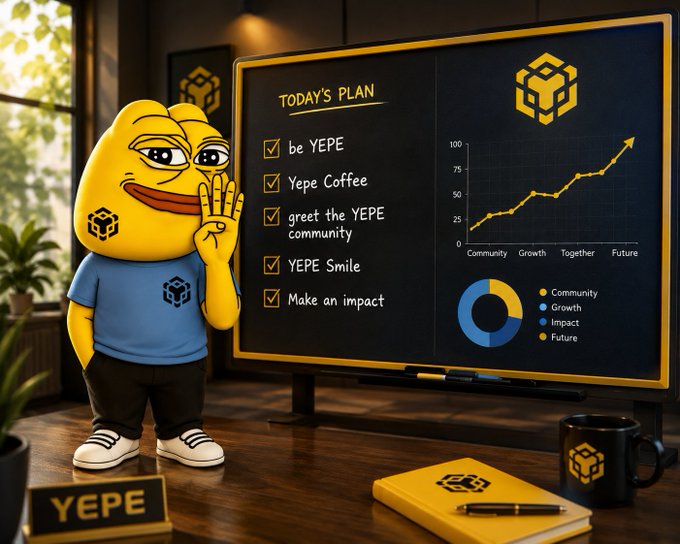 A 3D-rendered yellow mascot character in a blue shirt standing next to a 'TODAY'S PLAN' checklist featuring items like 'be YEPE', 'YEPE Coffee', 'greet the YEPE community', and 'YEPE Smile', alongside growth charts.
