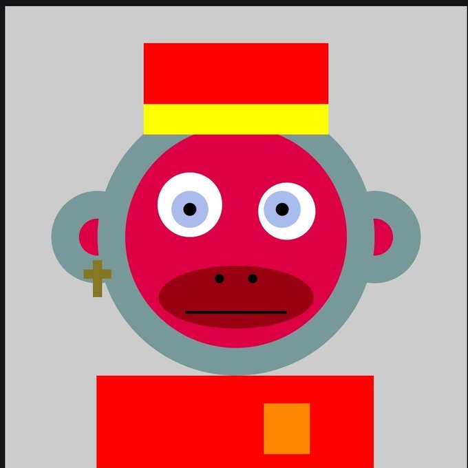 A simple digital illustration of a red-faced character with large round eyes, wearing a red and yellow hat, with a small cross earring and a red torso featuring a yellow square.