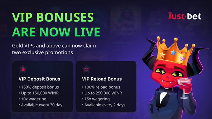A promotional graphic for Just.bet announcing live VIP Bonuses, including a 150% VIP Deposit Bonus and a 100% VIP Reload Bonus for Gold VIPs, featuring a red devil mascot in a tuxedo.