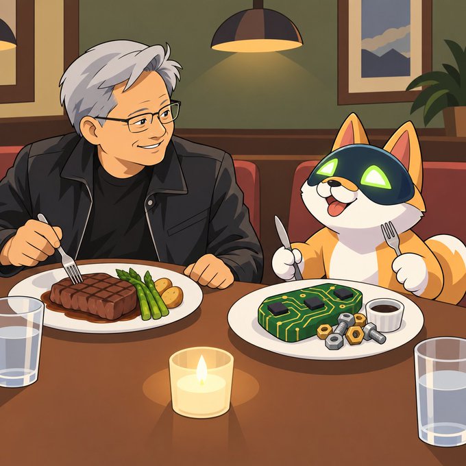 An animated illustration depicts a gray-haired man with glasses smiling across a dinner table at an orange robotic cat with green triangular eyes, with the man's steak and asparagus on the left and the cat's circuit-board-themed dessert on the right.