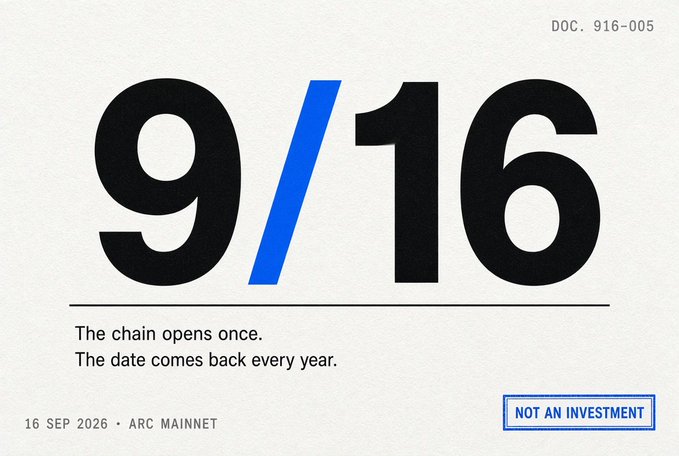 A minimalist poster with large '9/16' numerals featuring a blue forward slash, reading 'The chain opens once. The date comes back every year,' dated '16 SEP 2026 · ARC MAINNET' with a 'NOT AN INVESTMENT' disclaimer.
