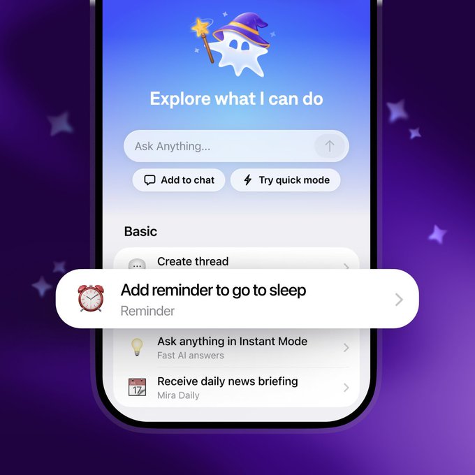 A smartphone app interface titled 'Explore what I can do' featuring a wizard mascot and AI features including 'Add to chat', 'Try quick mode', 'Create thread', 'Ask anything in Instant Mode', and a highlighted 'Add reminder to go to sleep' option.