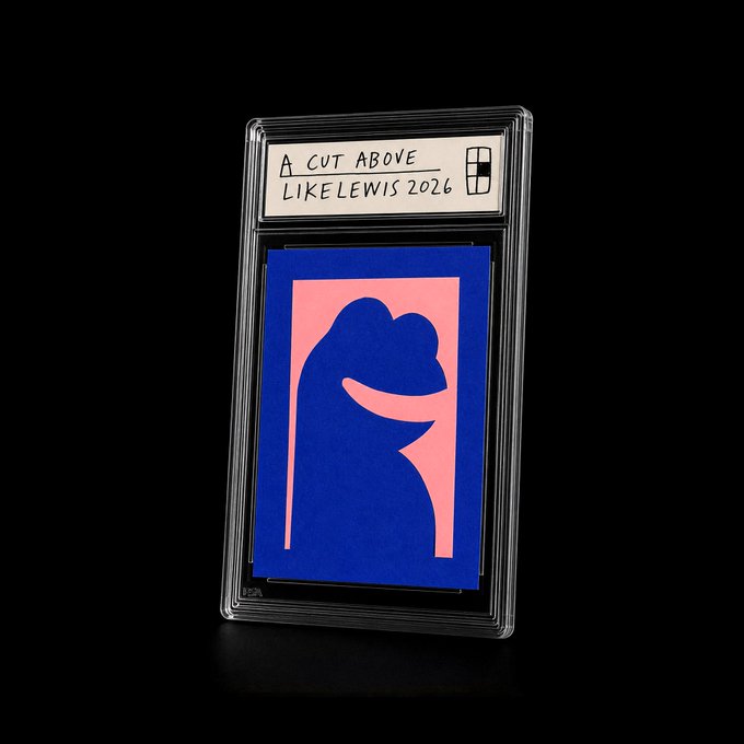 A graded art card titled 'A CUT ABOVE LIKELEWIS 2026' featuring an abstract blue and pink matisse-style cutout.