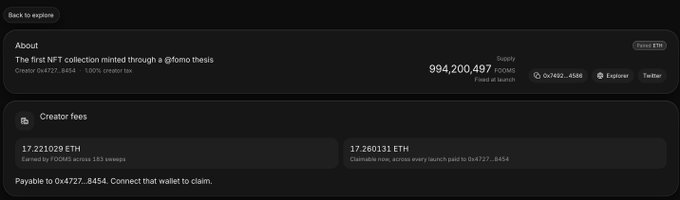 A dark-themed NFT collection page for 'Doodles' showing about info (Created Oct 11, 2020, 100% minted on Ethereum) with a supply of 994,200,497 DOOD, and creator fees details showing 17.221029 ETH and 17.260131 ETH payable to 0x4727...8454.