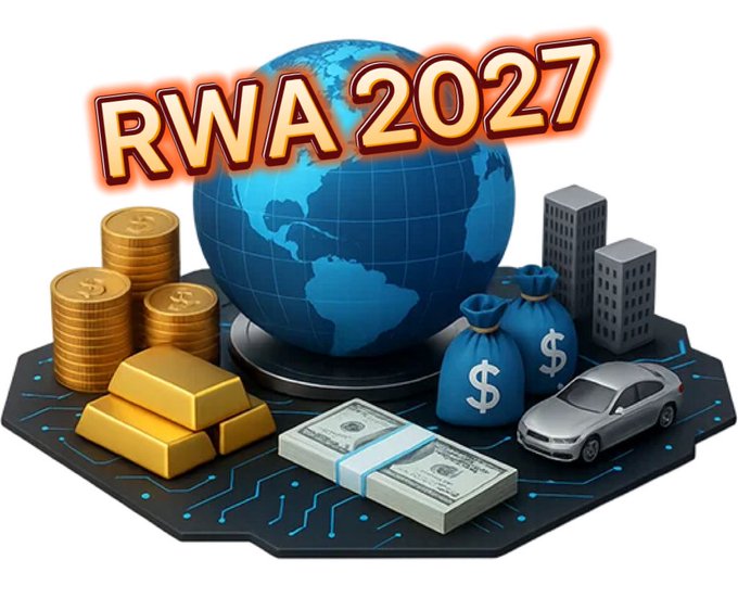 A 3D graphic titled 'RWA 2027' depicting a globe surrounded by gold coins, gold bars, money bags, cash, buildings, and a car on a circuit board base.