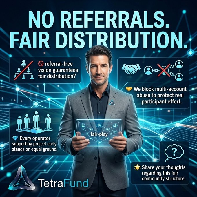 Promotional graphic for "TetraFund" with bold text "NO REFERRALS. FAIR DISTRIBUTION." showing a man holding a tablet labeled "fair-play", surrounded by icons emphasizing referral-free distribution and multi-account blocking.