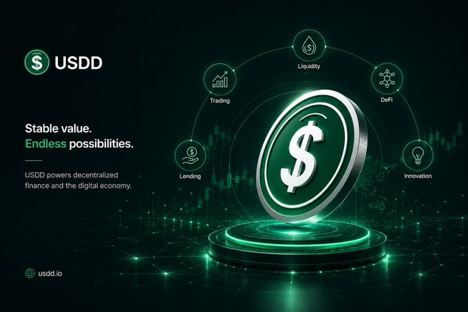An advertisement for USDD stablecoin with the tagline 'Stable value. Endless possibilities.' showing a glowing dollar coin surrounded by DeFi categories like Trading, Lending, Liquidity, and DeFi.