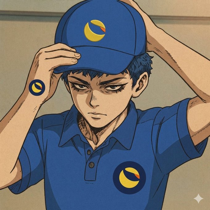 An anime-style illustration shows a serious young man putting on a blue cap and polo shirt, both featuring the yellow crescent moon logo of Terra Classic (LUNC), symbolizing the community's return to work. The matching branding on his uniform visually reinforces the post's message about the LUNC community reactivating and refocusing on $LUNC token burns.