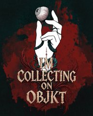 A logo design reading 'COLLECTING ON OBJKT' featuring a white hand holding a coin, set against a dark red textured background.