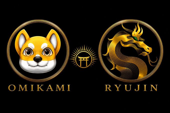 Two gold and black circular logos on a black background labeled 'OMIKAMI' featuring a Shiba Inu dog face and 'RYUJIN' featuring a golden dragon, with a torii gate symbol in the center.