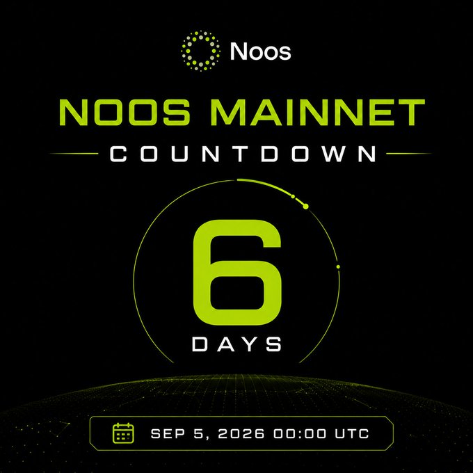 Promotional countdown graphic for 'NOOS MAINNET' showing '6 DAYS' until launch on 'SEP 5, 2026 00:00 UTC,' featuring the Noos logo and a green circular progress indicator on a black background.
