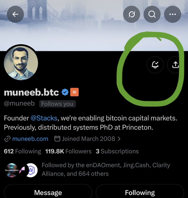 A Twitter/X profile for "muneeb.btc" (@muneeb) is shown, with a green circle highlighting the notification bell icon in the top right corner, directly referencing the post's suggestion to turn on notifications for his updates.