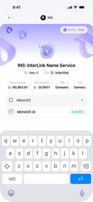 A mobile app screen for 'INS: InterLink Name Service' showing domain search functionality with the handle 'Mimin01.itl' marked as 'Available', displaying stats like 60,963.81 Total Volume and 1.5K Domains.