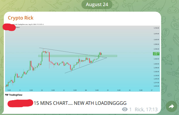 A screenshot from a Telegram post by "Crypto Rick" (dated August 24, 17:13) showing a 15-minute BTC/USD TradingView chart with a symmetrical triangle drawn on it, accompanied by the caption "15 MINS CHART.... NEW ATH LOADINGGGGG" — used to promote a free trading signals channel.