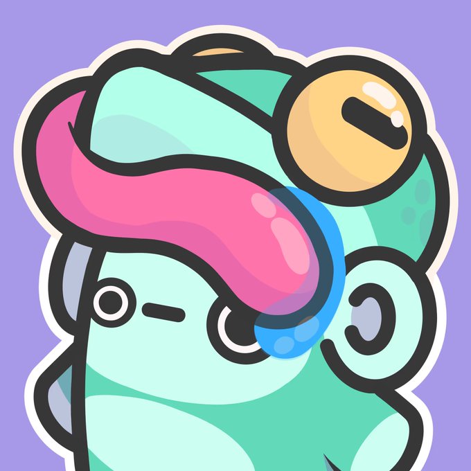 A cartoon sticker illustration of a light blue character with pink hair and a yellow coin-like feature on its head, set against a purple background.
