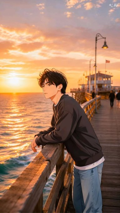 An anime-style illustration of a young man with dark hair leaning on the railing of a wooden pier, looking out over the ocean during a vibrant sunset.