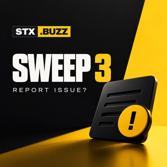 A promotional graphic for STX.BUZZ featuring bold white and yellow text reading "SWEEP 3" and "REPORT ISSUE?" alongside a 3D document icon with an alert symbol, set against a black and yellow background.