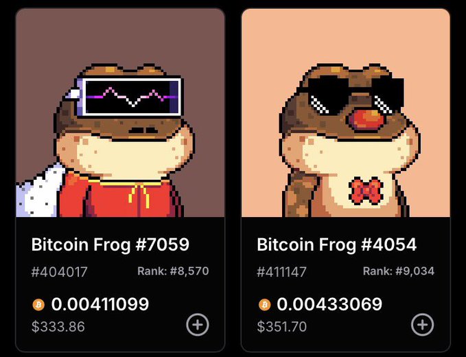 Two Bitcoin Frog NFTs (#7059 and #4054) displayed for sale, priced at 0.00411099 and 0.00433069 BTC ($333.86 and $351.70), with rankings #8,570 and #9,034 respectively.