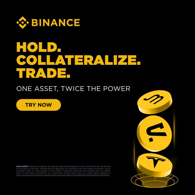 A Binance cryptocurrency advertisement with the text 'HOLD. COLLATERALIZE. TRADE. ONE ASSET, TWICE THE POWER' featuring stacked gold coins with crypto symbols.