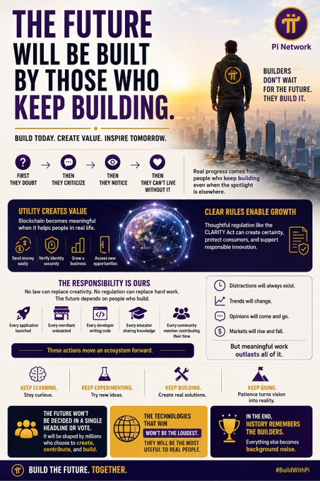 A motivational Pi Network infographic titled "The Future Will Be Built by Those Who Keep Building," featuring a figure overlooking a city skyline, and outlining the progression from doubt ("First they doubt") to dependence ("Then they can't live without it"), along with messages about building, utility, and responsibility—visually reinforcing the post's quote about the four-stage adoption cycle (doubt → criticism → notice → can't live without it).