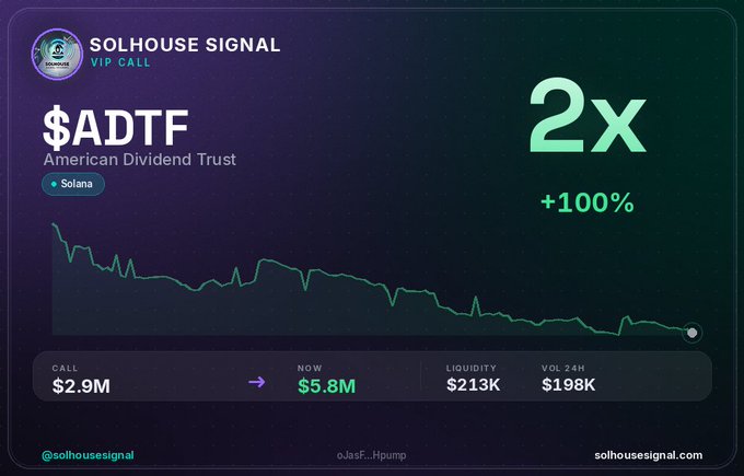 A Solhouse Signal VIP call alert for $ADTF (American Dividend Trust) on the Solana network showing a 2x (+100%) signal with current price $5.8M, $2.9M call, $213K liquidity, and $198K 24H volume.