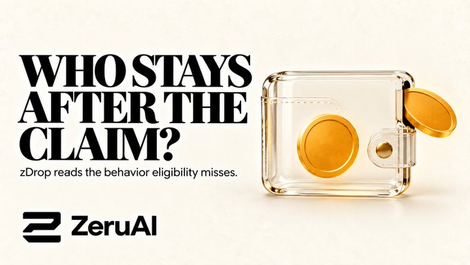 The image shows a promotional graphic for ZeruAI featuring a clear glass wallet with gold accents, alongside bold text reading "WHO STAYS AFTER THE CLAIM?" and the tagline "zDrop reads the behavior eligibility misses." This visual reinforces the accompanying post's message about zDrop's ability to distinguish genuine long-term participants from opportunistic airdrop farmers by analyzing wallet behavior across protocols like ether.fi Season 3.