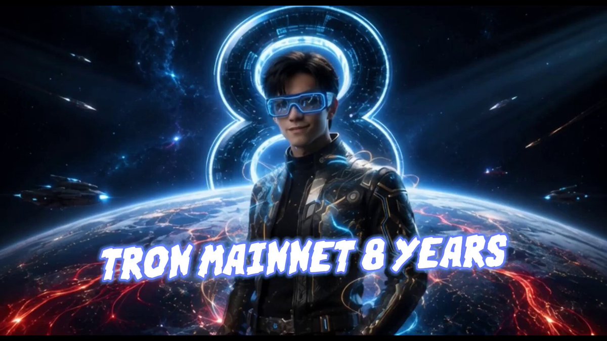 The image features a man wearing a black leather jacket with blue goggles standing against a backdrop of stars and planets. The text "8 years ago" suggests that this moment was captured 8 years ago, while the phrase "TRON officially launched its Mainnet" indicates that TRON is now part of the Mainnet infrastructure. The post also mentions the growth of TRON's user base over time, with over 380 million accounts as an example.