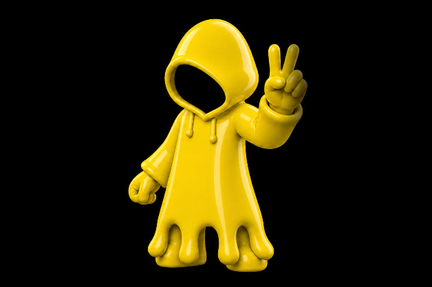 A glossy yellow 3D figurine in a hooded cloak gives a peace sign, serving as the mascot or branding character for the $MOTION project—a TipFi protocol on Robinhood Chain that rewards X activity through a Post → Score → Burn → Earn → Tip algorithm, requiring at least 25 followers and a 30-day-old account to participate.