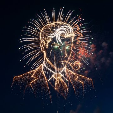 A stylized portrait of a man with a mustache and pipe, rendered in glowing golden sparks and light trails against a dark background, with dramatic bursts radiating from his head. The fiery, chaotic light effects visually echo the intensity of the word "MAD."