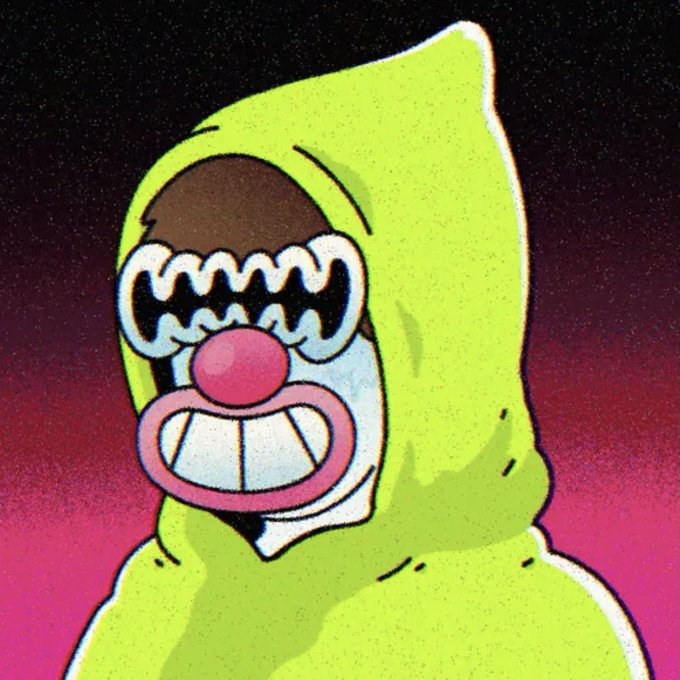 A stylized, vibrant illustration of a character wearing a bright green hood with a wide, toothy grin and bulging eyes against a pink and black background.