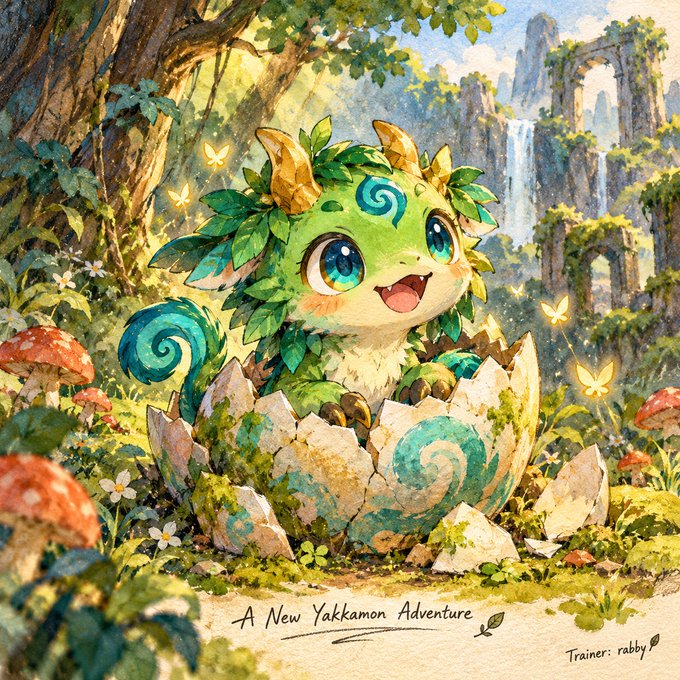 A charming illustration titled "A New Yakkamon Adventure" by Trainer: rabby shows a small, cute green creature with leafy hair hatching from a speckled egg in a lush forest setting with mushrooms and butterflies.