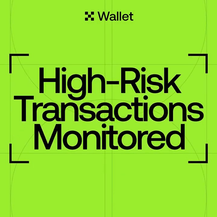 The image is a vibrant lime-green graphic featuring the "Wallet" logo at the top and bold black text reading "High-Risk Transactions Monitored" framed by corner brackets, visually reinforcing the post's message about real-time transaction scanning and security warnings.