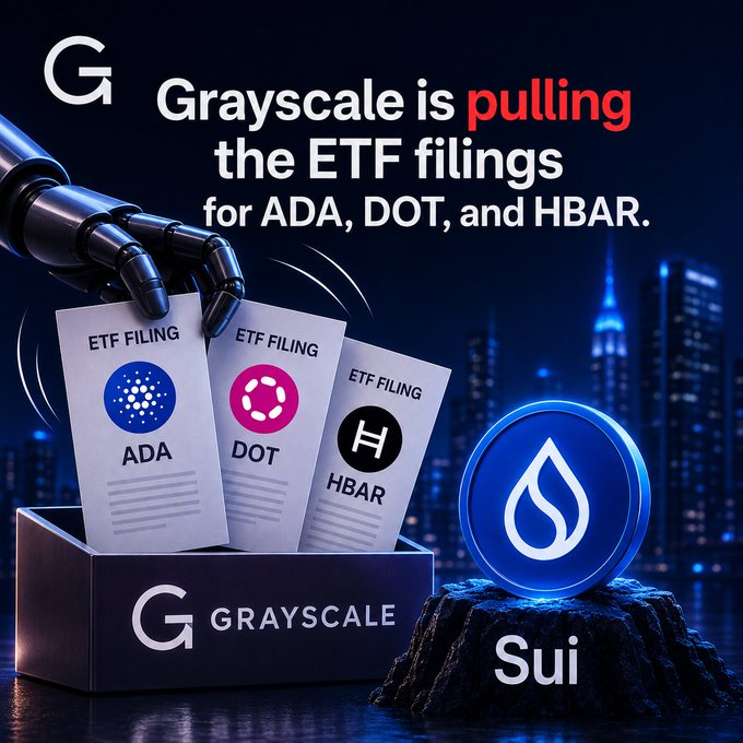 Grayscale promotional graphic showing a robotic hand pulling ETF filing documents for ADA, DOT, and HBAR, alongside a Sui coin, with text 'Grayscale is pulling the ETF filings for ADA, DOT, and HBAR.'