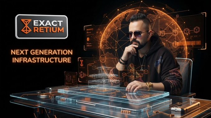 A stylish figure with sunglasses and a beard sits at a futuristic holographic console beneath an orange digital globe, with the "Exact Retium" logo and tagline "Next Generation Infrastructure" displayed on the left, visually reinforcing the post's message about RetiumChain's focus on building usable, participatory Web3 systems rather than just theoretical ownership.