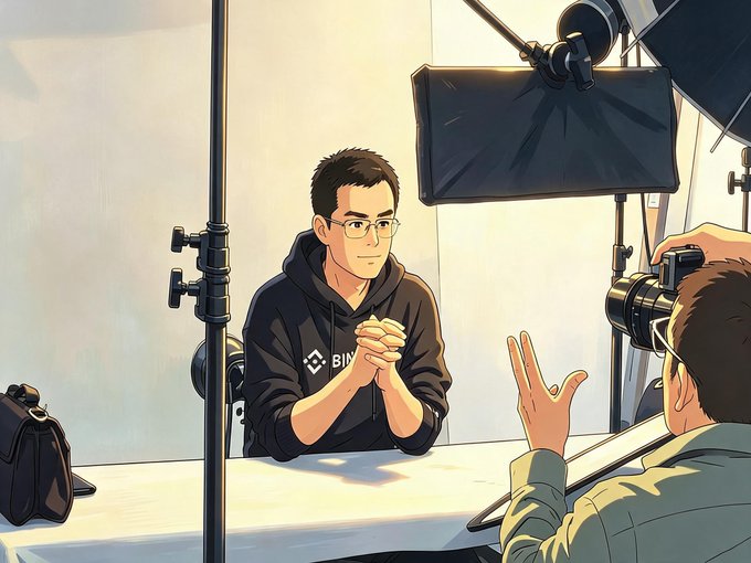 An illustrated scene shows a man in a black "Binance" hoodie sitting at a table during an interview, with a camera operator and lighting equipment set up around him.

The image appears to depict the Forbes interview moment referenced in the post, where Binance founder CZ (Changpeng Zhao) is being filmed in a professional studio setup. The visible "Binance" branding on his hoodie confirms his identity, while the production equipment (softbox lights, camera, and boom mic) illustrates the formal media setting of the interview arrangement mentioned in the accompanying text.