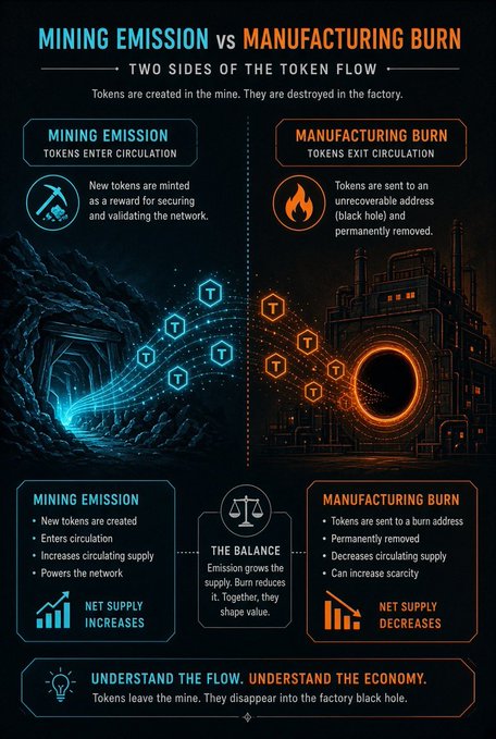 An infographic titled 'MINING EMISSION vs MANUFACTURING BURN: TWO SIDES OF THE TOKEN FLOW' explaining how tokens are created in mining and destroyed in factories, with sections on net supply increases and decreases.