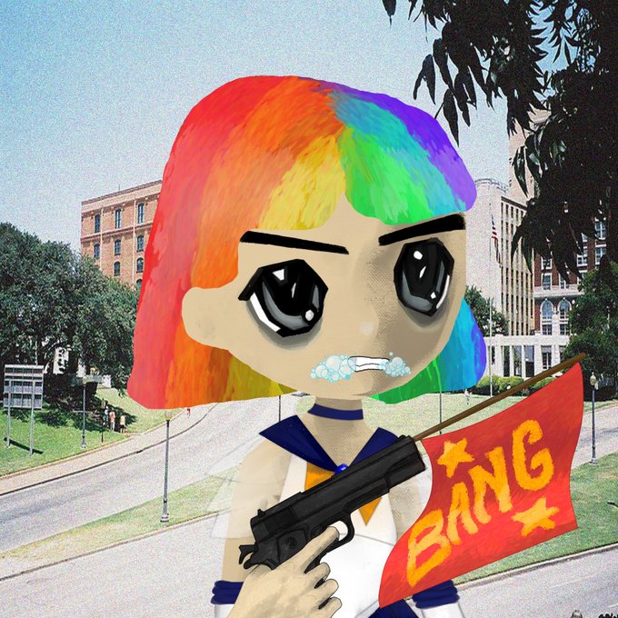 A digital illustration features a chibi-style anime girl with rainbow-colored hair, holding a black handgun and a red flag emblazoned with 'BANG' in yellow letters, set against a backdrop of a campus street.
